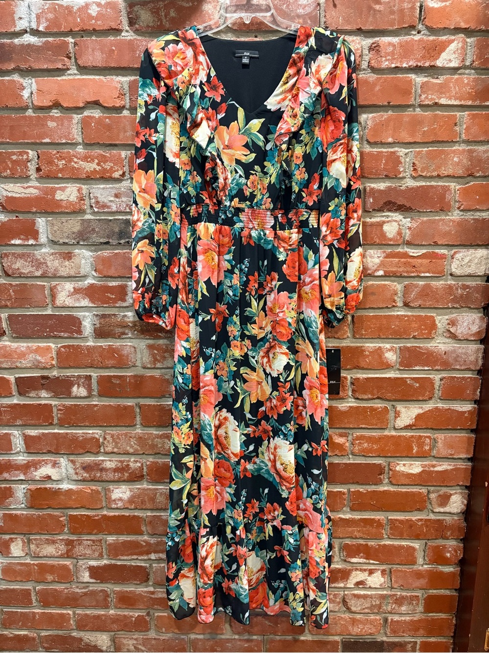 NWT R&K Floral Chiffon Maxi Dress Size 8 Black Multi Ruffle V-Neck